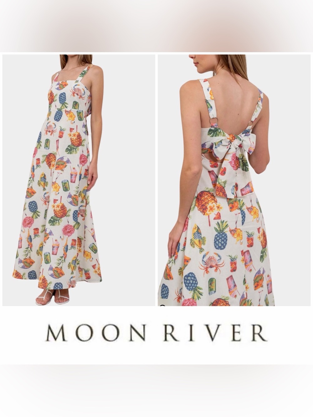 NWOT! Moon River White Summer Tropical Print Bow-Tie Back Maxi Dress